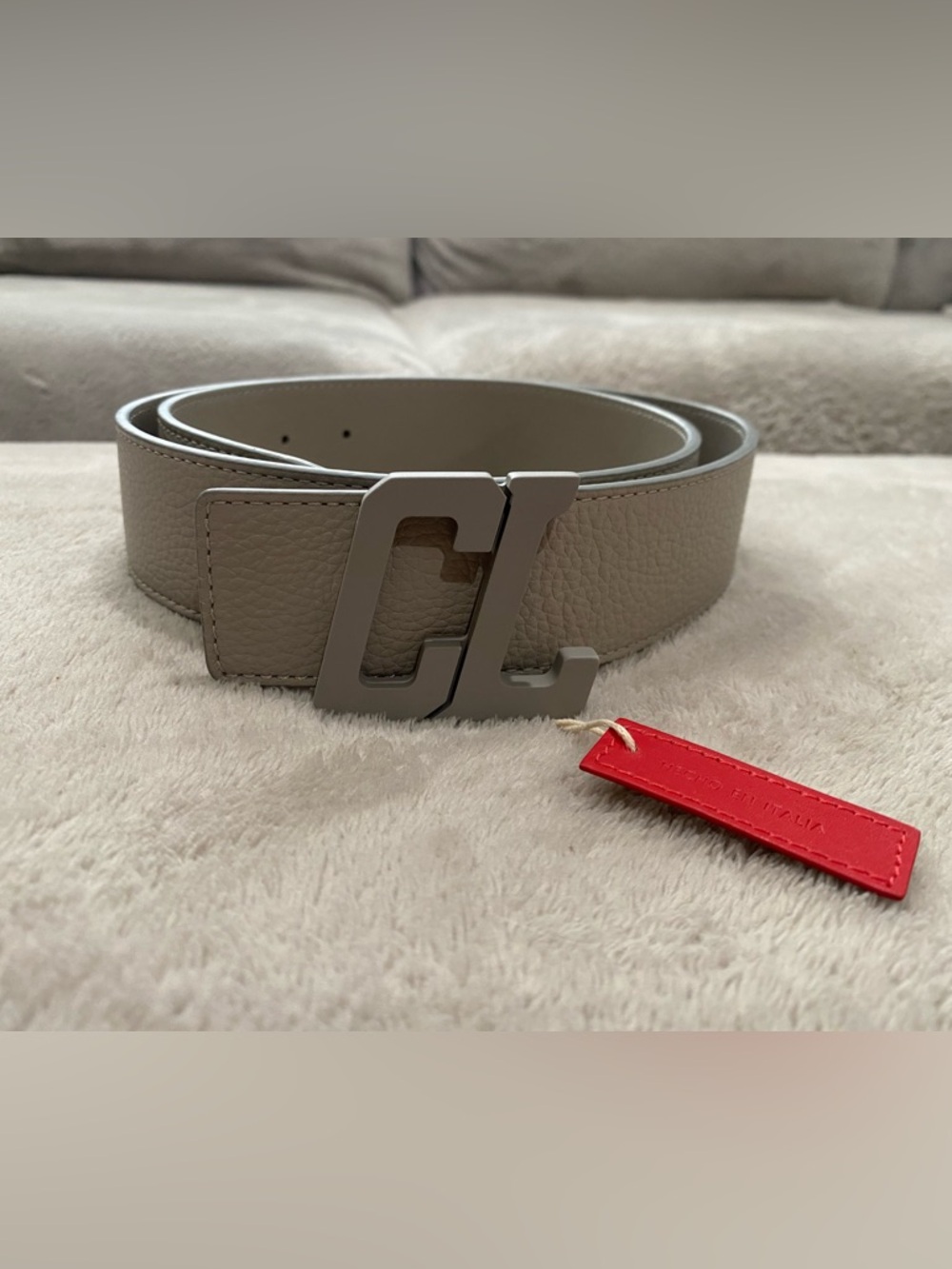 Christian Louboutin Leather Belt with Matte Metal CC Buckle - Light Grey